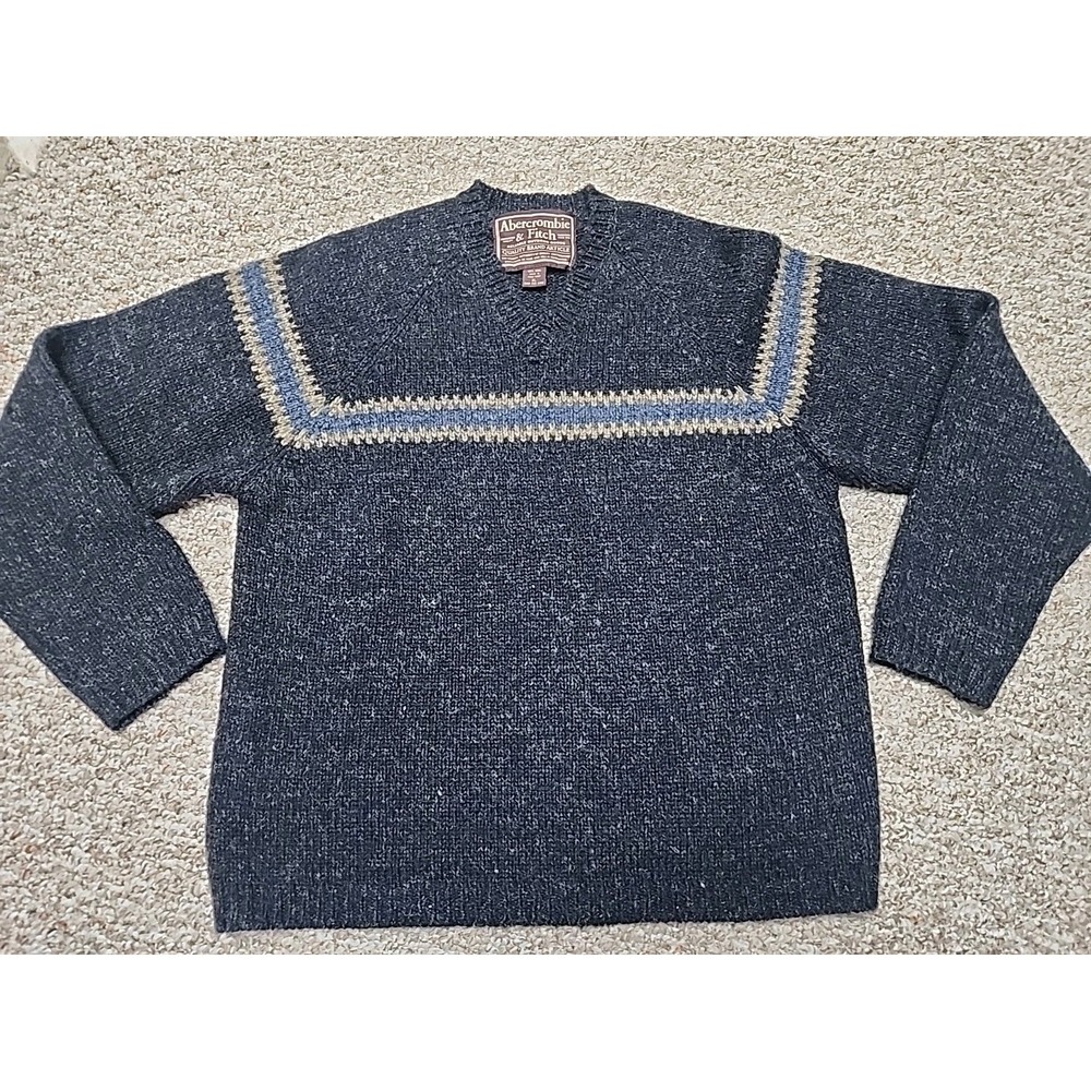 Abercrombie Fitch Mens XL Vintage 100% Wool Navy Blue Fair Isle V-Neck Sweater